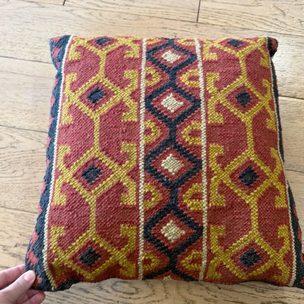 Handmade Wool Pillow Cover 16x16‎ Geometric Tribal Boho Red Yellow Black